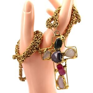 3" Goldtone Christian Cross Pendent • 6 Genuine Gemstones • 30" Byzantine Chain